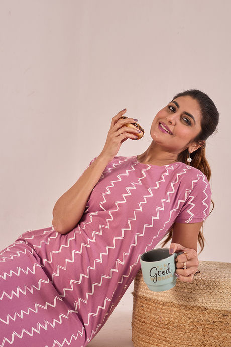 Sweet Moon Knit Cotton Mid Length Nightdress - Baker Miller Pink — image 5